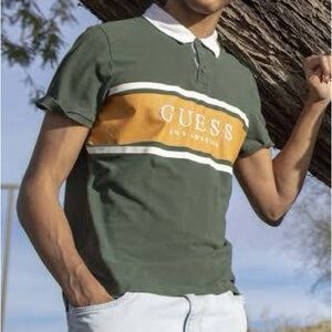 GUESS Men's Dark Green and Gold Polo Shirt size medium rugby